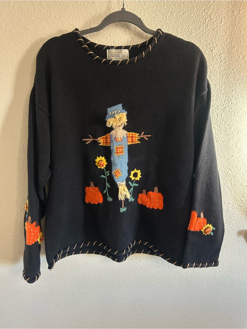 Vintage Mandal Bay Rolled Hem Cottagecore Pumpkin Patch Scarecrow Sweater Womens